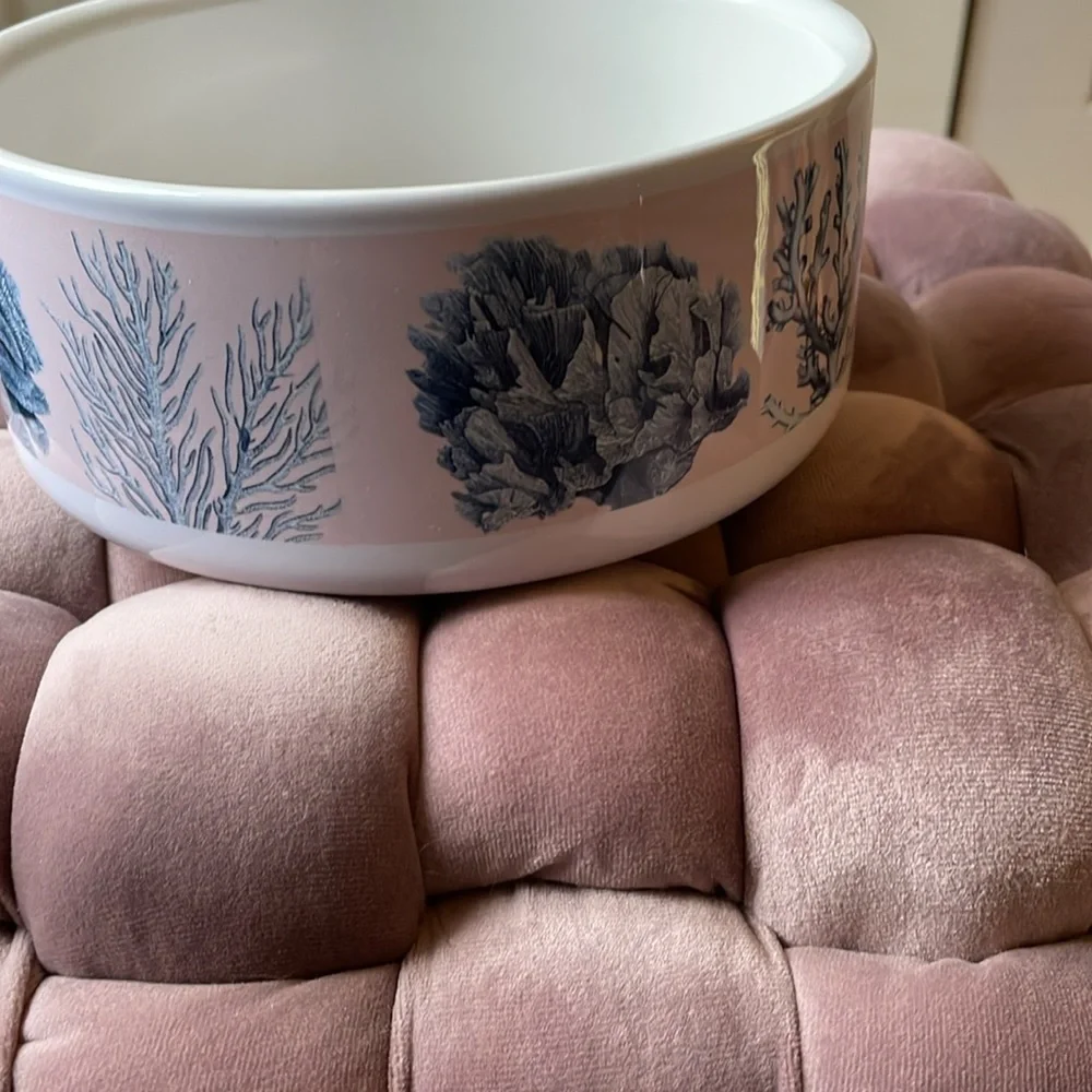 Ceramic Dog Bowl with blue ocean coral print on pink background